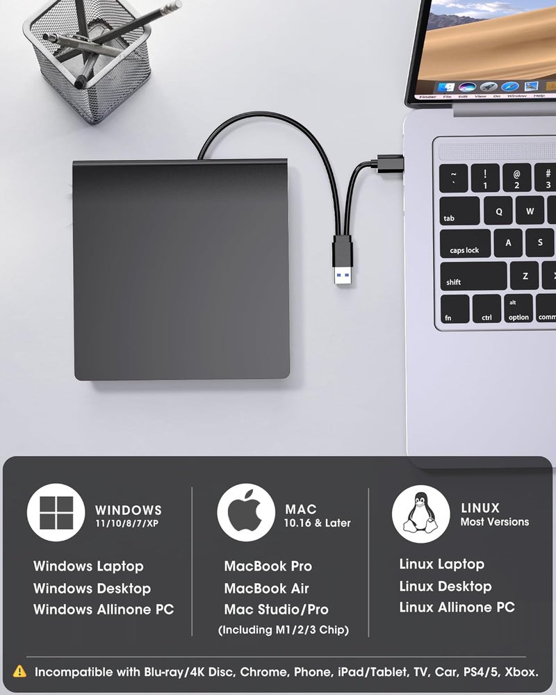 ROOFULL External CD DVD Drive for Laptop, USB 3.0 Type-C CD DVD Disc Reader Writer Burner, USB-C Portable CD DVD Player for Windows 11/10/7 PC Apple Mac MacBook Linux Computer, RF21-MAS - Image 4